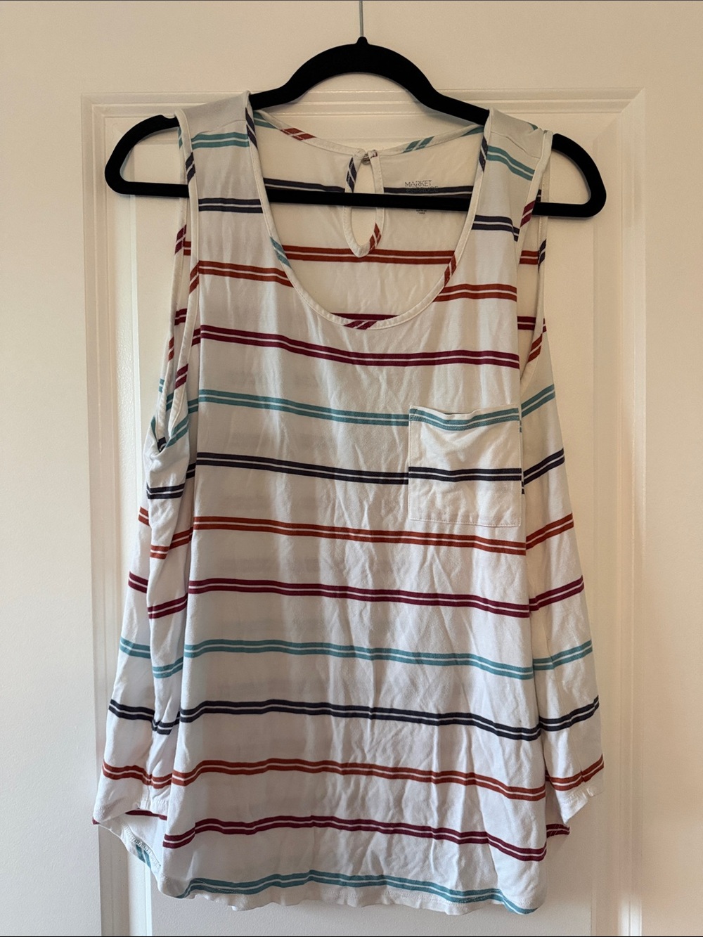 Striped Sleeveless Pocket Tank Top - White with Multi Color Stripes